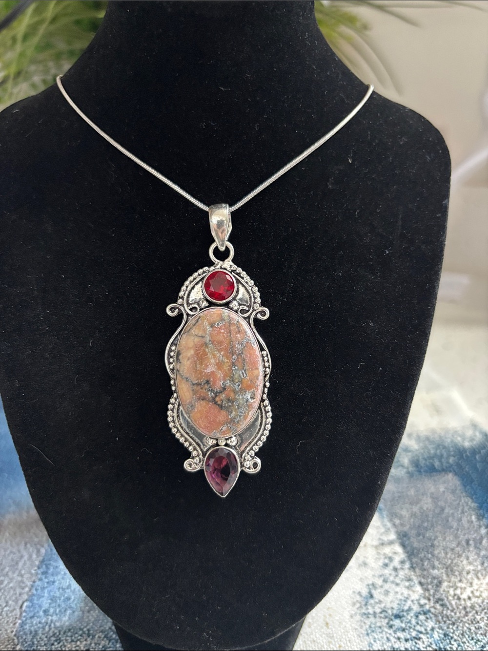 Sterling Silver Dendrite Opal Garnet Gemstone Pendant Necklace